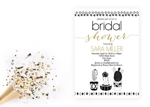 Succulent Bridal Shower Invitation - Cactus Bridal Shower Invitation - Modern Bridal Shower - Black White Gold - Printable Il_570xn