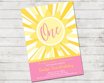 Sunshine Birthday Party Invitation - Our Little Sunshine - First Birthday - Sun - Yellow Pink - Printable