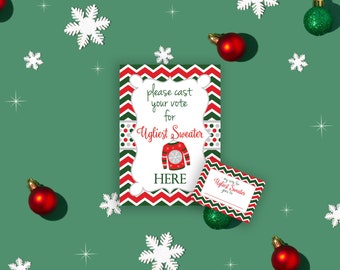 Ugly Sweater Party Voting Sign and Cards - Ugly Sweater Holiday Party - Chevron Sweater Pattern - Red Green White INSTANT DOWNLOAD Printable