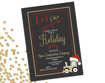 Company Holiday Party Invitation - Christmas Party - Construction Company Holiday Party - Red Gold Gray White - Printable