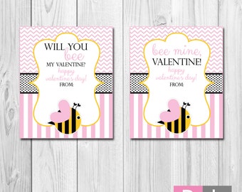 Bee Valentines - INSTANT DOWNLOAD - Printable Valentines Cards - Bee Mine - Bee My Valentine - Pink