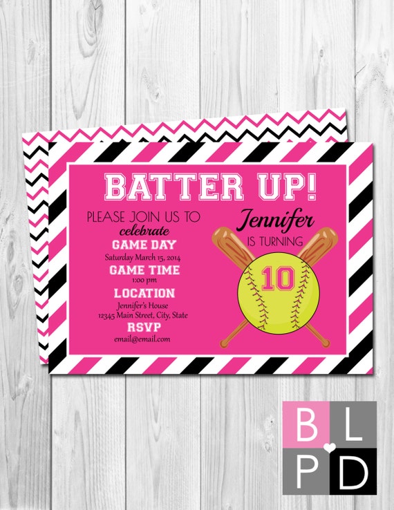 Softball Birthday Party Invitation - Batter Up - Pink and Black Stripes - BACKSIDE INCLUDED - DIY - Printable Il_570xn