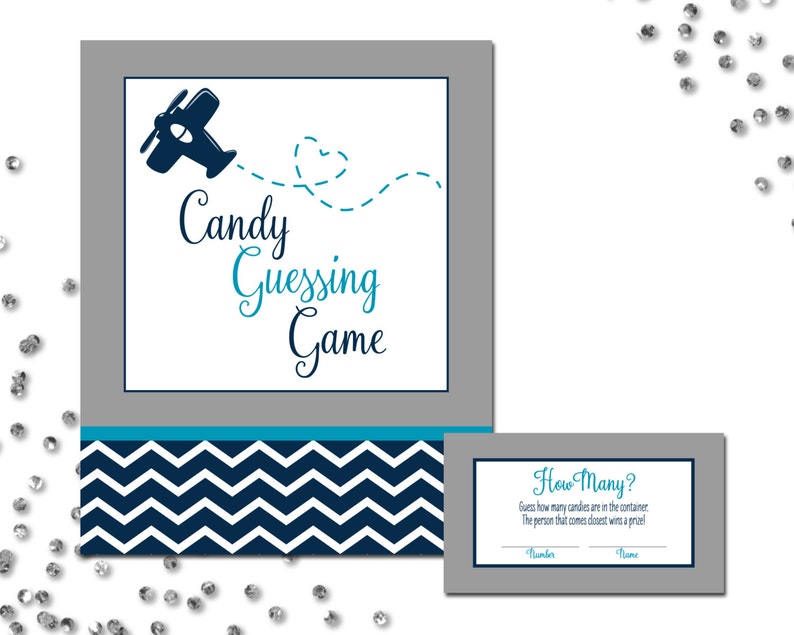 Candy Guessing Game Airplane Baby Shower Airplane Printable Grey White Stripes Aqua Navy Blue White INSTANT DOWNLOAD Printable image 1