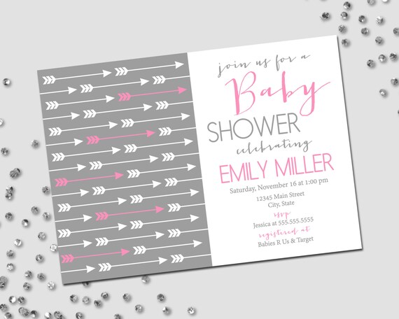 Arrow Baby Shower Invitation - Arrow Baby Shower - Modern Baby Shower - Pink White and Grey - Printable Il_570xn