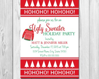 Ugly Sweater Holiday Party Invitation - Tree Ugly Sweater Pattern - Red Green White  - DIY - Printable