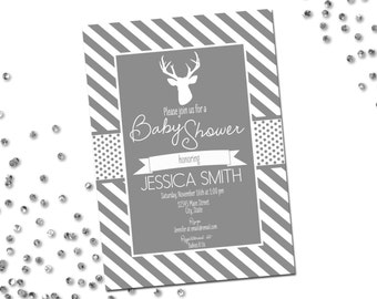 Deer Baby Shower Invitation - Deer Baby Shower - Grey and White Stripes - Printable