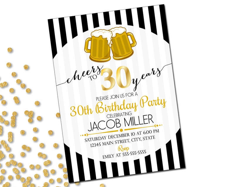 30th Birthday Party Invitation Cheers to 30 Years Beer Birthday Invitation Gold Black White Stripes Printable image 1