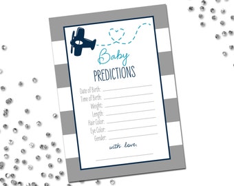 Baby Predictions - Airplane Baby Shower - Airplane Printable - Grey and White Stripes - Aqua Navy Blue White - INSTANT DOWNLOAD - Printable