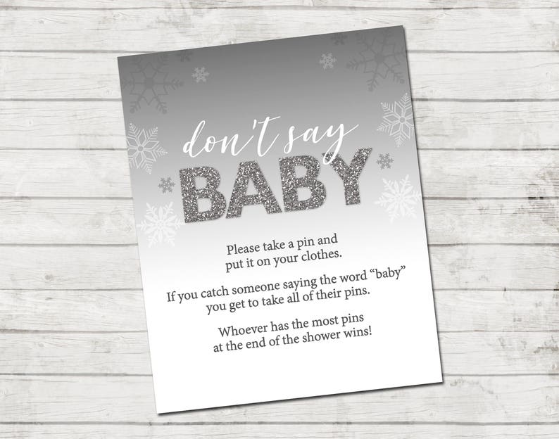 Don't Say Baby Winter Baby Shower Baby Shower Game Snowflakes Grey and White INSTANT DOWNLOAD Printable image 1