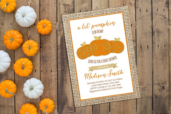 Little Pumpkin Baby Shower Invitation - Lil Pumpkin - Fall Baby Shower - Pumpkins - Burlap Orange Gold - Printable Il_570xn