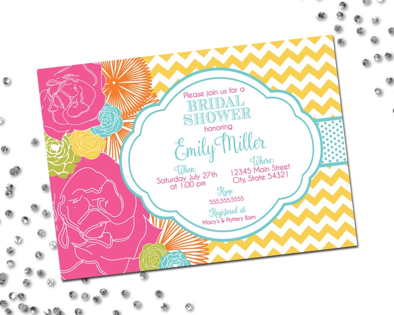 Bridal Shower Invitation Floral Bridal Shower Big Bright Multi Color Blooms Pink Yellow Blue Orange Green Printable image 1