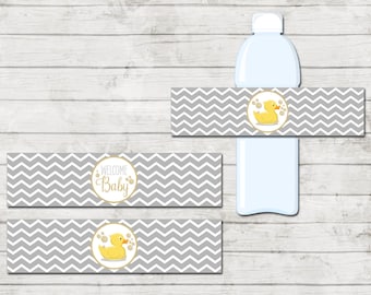 Water Bottle Labels - Duck Baby Shower - Duck Shower Game - Yellow Duck - Large Chevron Stripes - Gold Gray - INSTANT DOWNLOAD - Printable