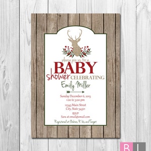 Baby Shower Invitation Holiday Baby Shower Deer and Berries Red Green Tan Wood Background DIY Printable image 1