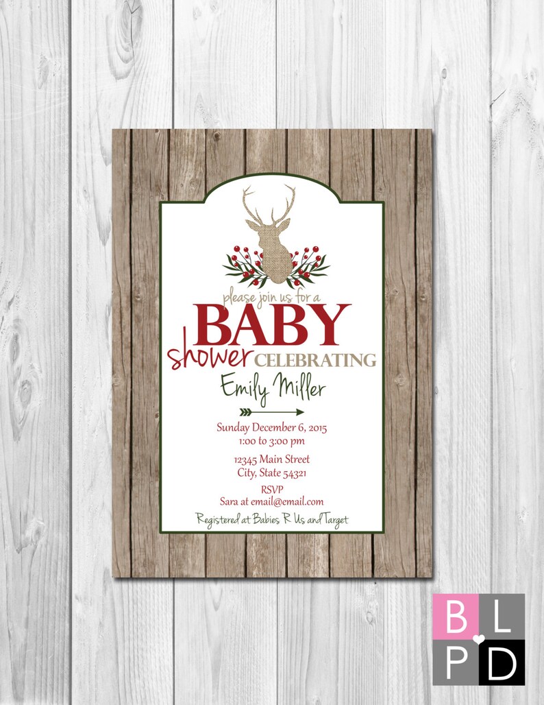 Baby Shower Invitation Holiday Baby Shower Deer and Berries Red Green Tan Wood Background DIY Printable image 1