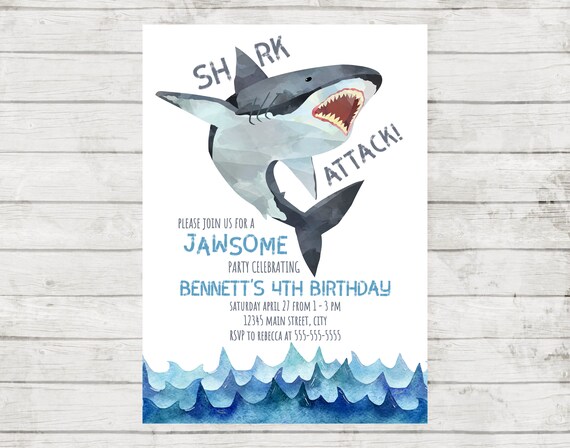 Shark Birthday Party Invitation - Shark Attack Party Invitation - Great White Shark Birthday - Printable Il_570xn