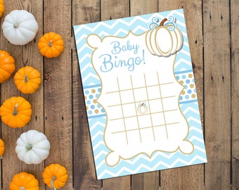 INSTANT DOWNLOAD - Baby Shower Bingo - Pumpkin Baby Shower - Blues and Gold - Large Chevron Stripes - Printable