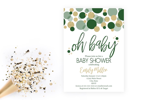 Green and Gold Baby Shower Invitation - Oh Baby Confetti - Printable Il_570xn