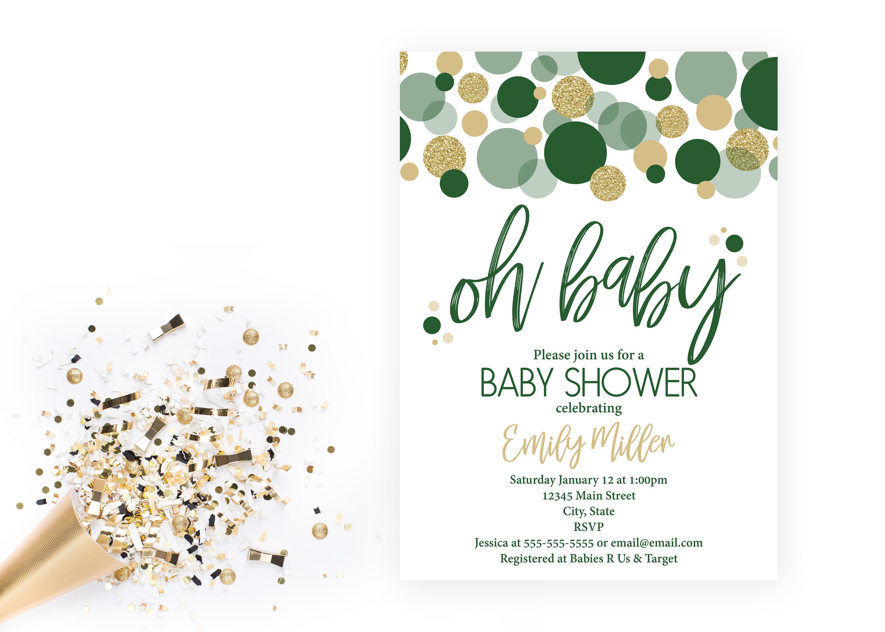 Green and gold baby shower invitations sales