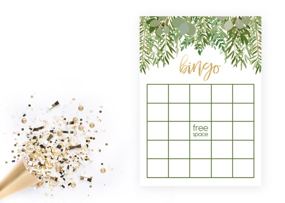 Bingo Card - Green Leaves and Gold Baby Shower - Greenery - INSTANT DOWNLOAD - Printable Il_570xn