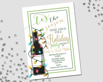 Holiday Party Invitation - Dinner & Wine Holiday Invite - Christmas Party - Holiday Party - Wine Bottle Lights  - Printable