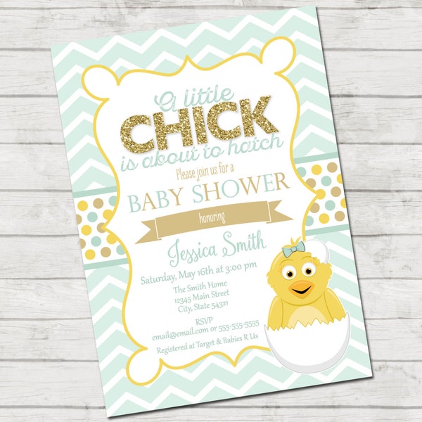 Little Chick Baby Shower Invitation - About to Hatch - Chick Baby Shower - Easter Baby Shower - Mint White and Gold - Printable