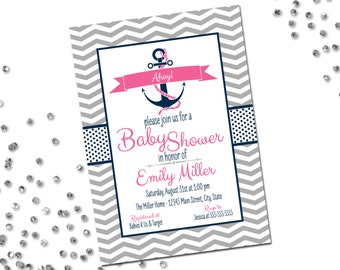Nautical Baby Shower Invitation - Pink Navy and Grey - Chevron Stripes - Printable