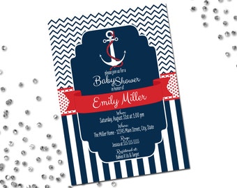 Nautical Baby Shower Invitation - Ahoy Its A Boy - Navy Fill and Red - Chevron Stripes and Stripes - Printable