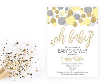 Sunshine Baby Shower Invitation - Oh Baby Confetti - Yellow Gray Gold - Printable