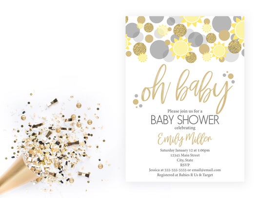 Sunshine Baby Shower Invitation - Oh Baby Confetti - Yellow Gray Gold - Printable Il_570xn