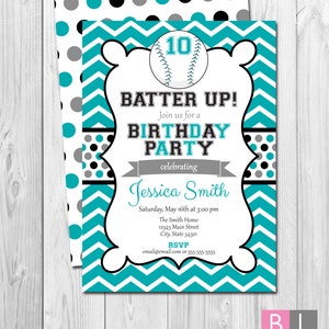 Softball Birthday Party Invitation Chevron Stripes Teal and Black Polka Dots BACKSIDE INCLUDED DIY Printable image 1