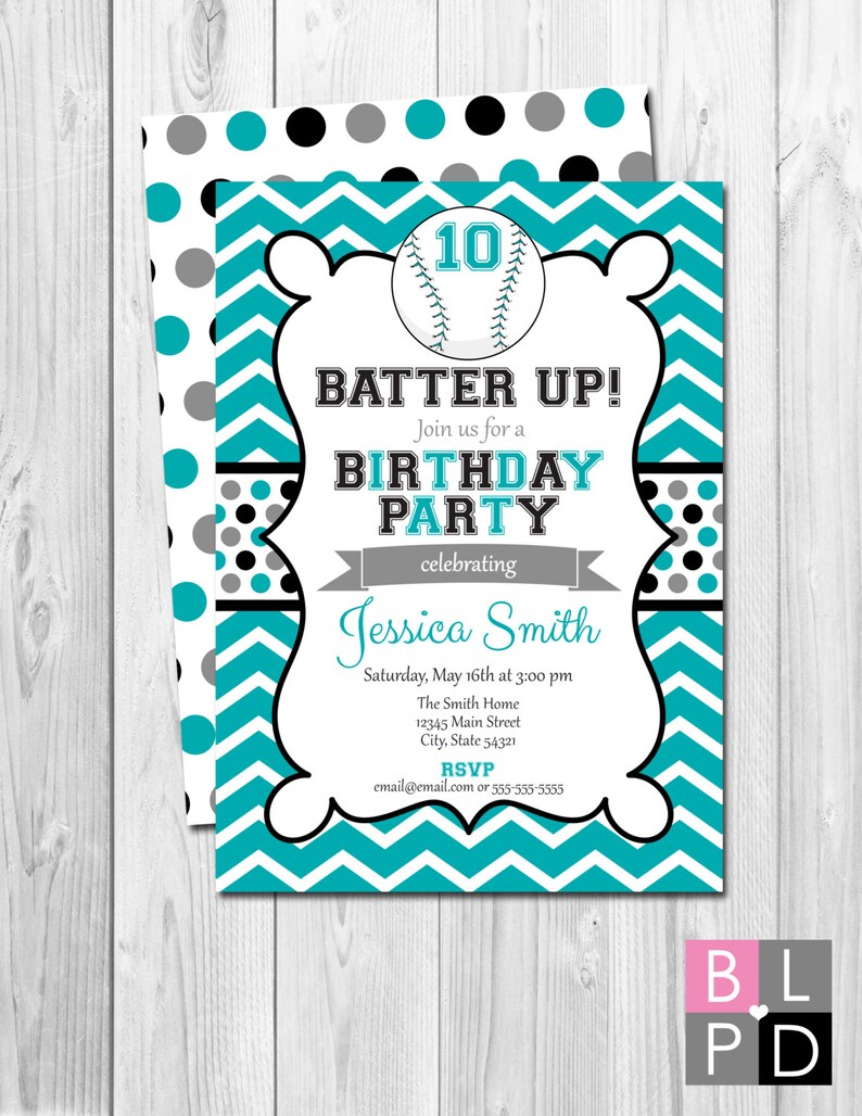 Softball Birthday Party Invitation Chevron Stripes Teal and Black Polka Dots BACKSIDE INCLUDED DIY Printable image 1