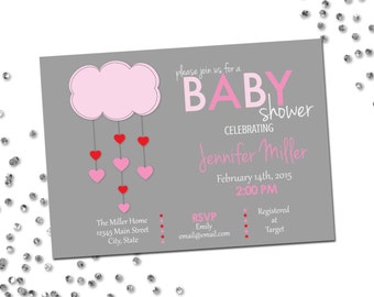 Valentines Baby Shower Invitation - Valentines Baby Shower - Heart Cloud - Light Grey Pink and Red - Printable