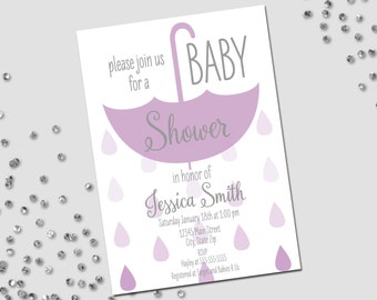 Umbrella Baby Shower Invitation - Hanging Umbrella and Faded Raindrops - Purple and Grey - Printable