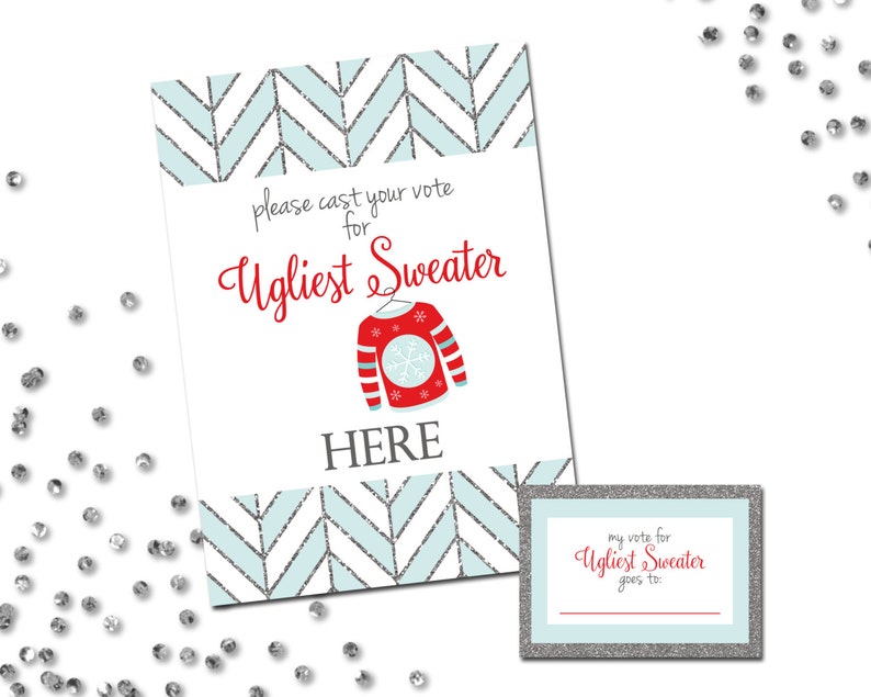 Ugly Sweater Party Voting Sign and Cards Ugly Sweater Herringbone Blue Red Grey and Silver INSTANT DOWNLOAD Printable image 1