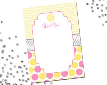 Thank You Note - You Are My Sunshine Baby Shower - Pink and Yellow - Polka Dots and Chevron Stripes - INSTANT DOWNLOAD - Printable