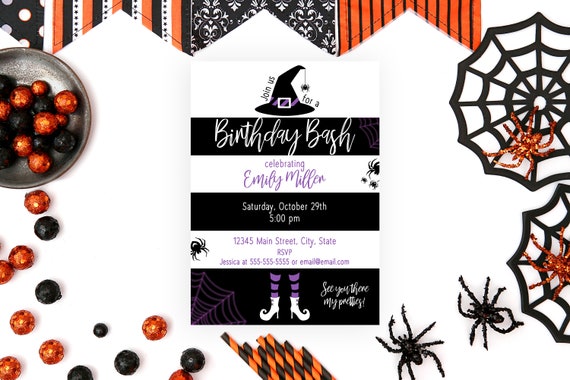 Halloween Party Invitation - Halloween Witch Birthday Party - Witch Hat Spider Cobwebs - Purple Black White - Digital Invitation - Printable Il_570xn
