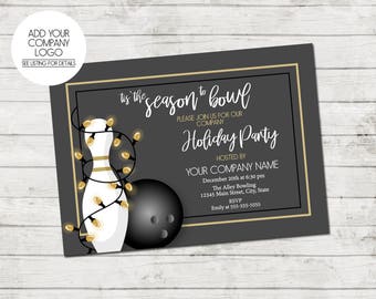 Company Holiday Party Invitation - Bowling Party - Holiday Bowling Party - Company Christmas Party - Gold Gray White - Printable