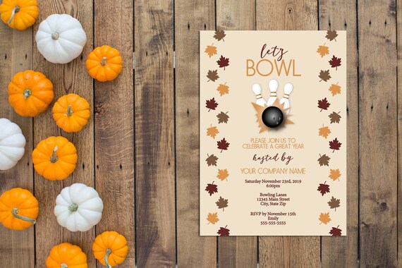 Company Fall Party Invitation - Bowling - Company Corporate End of Year Party - Client Appreciation Party - Red Orange Brown - Printable Il_570xn