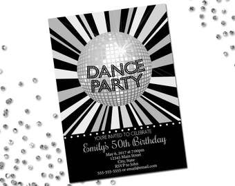 Dance Disco Party Invitation - Birthday Party Invitation - Disco Ball - Silver Gray Black - Printable