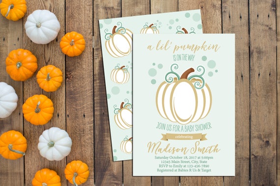 Little Pumpkin Baby Shower Invitation - Fall Baby Shower - Pumpkins - Green and Gold - Pumpkin Backside INCLUDED - Printable Il_570xn