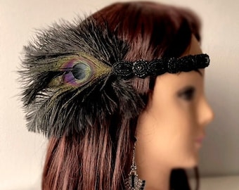 Peacock Feather Flapper Headpiece: 1920s Gatsby Headband