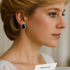 Può includere: Orecchini a lobo di forma ovale con una pietra centrale blu intenso circondata da un alone di piccole pietre chiare e scintillanti. Il testo DIANA Blue Stud è stampato su una striscia di carta bianca sopra la coppia di orecchini.