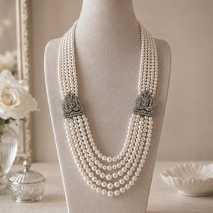 Può includere: Collana di perle a più fili esposta su un manichino. La collana presenta sei fili di perle bianche, collegati da due chiusure argentate ornate. Le chiusure sono impreziosite da piccole pietre scintillanti. Un classico della gioielleria.
