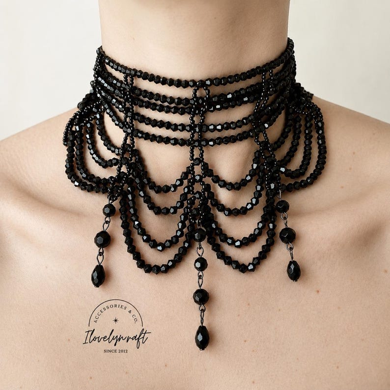 1920s Downton Abbey Dress French Jet Necklace 1920s Dress Art Deco Earrings Flapper Dress Great Gatsby Multi Layered Choker Vintage Black Choker Mary