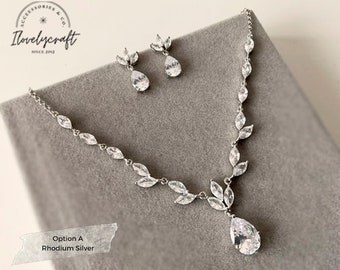 Rose Gold Teardrop Bridal Jewelry Set: Cubic Zirconia Wedding Necklace and Earrings
