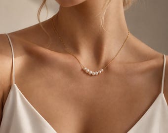 Collar delicado de perlas de agua dulce, colgante de cadena tipo caja, joyería de acero inoxidable resistente al agua, collar de boda, joyería nupcial minimalista.
