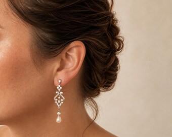 Perlenohrringe für die Braut, Vintage-inspirierte Hochzeitsohrringe, Kristallohrringe, romantischer Statement-Schmuck