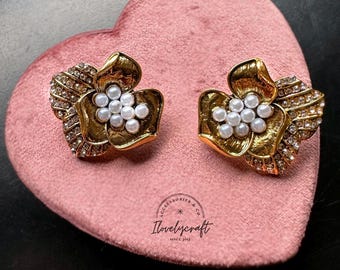 Jackie Kennedy Braided Faux Pearl & Crystal CLIP ON Earrings 1