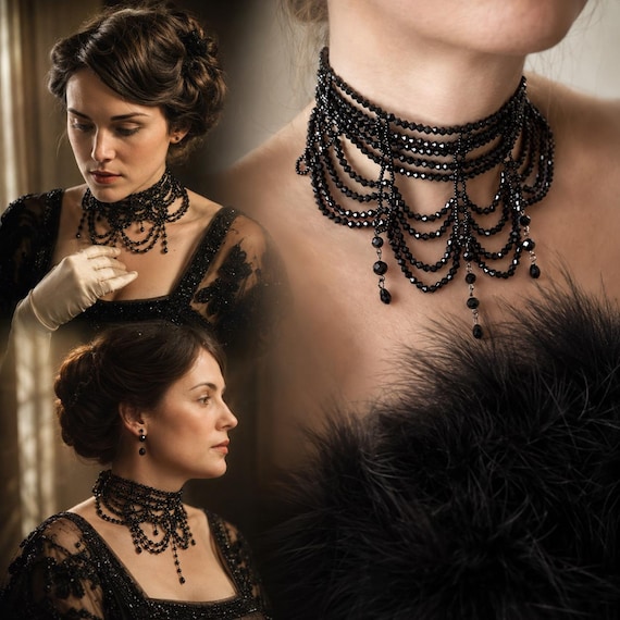1920s Downton Abbey Dress French Jet Necklace 1920s Dress Art Deco Earrings Flapper Dress Great Gatsby Multi Layered Choker Vintage