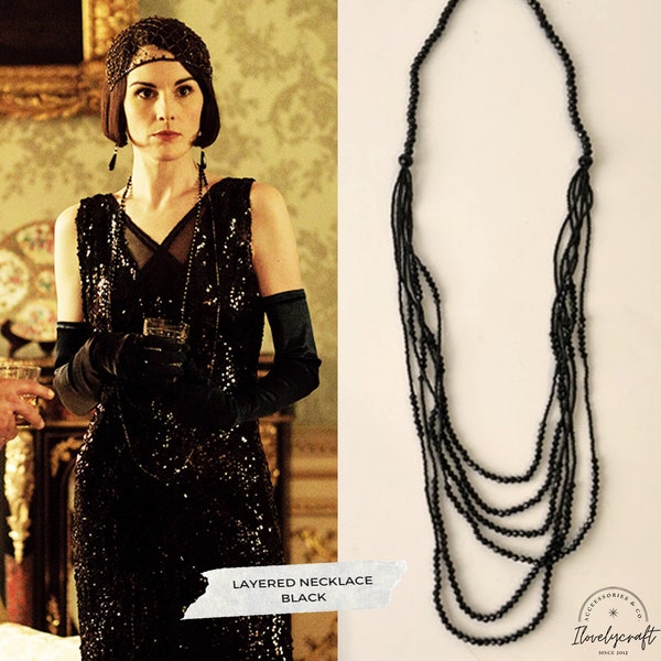 1920s Downton Abbey Dress French Jet Necklace 1920s Dress Art Deco Earrings Flapper Dress Great Gatsby Multi Layered Choker Vintage